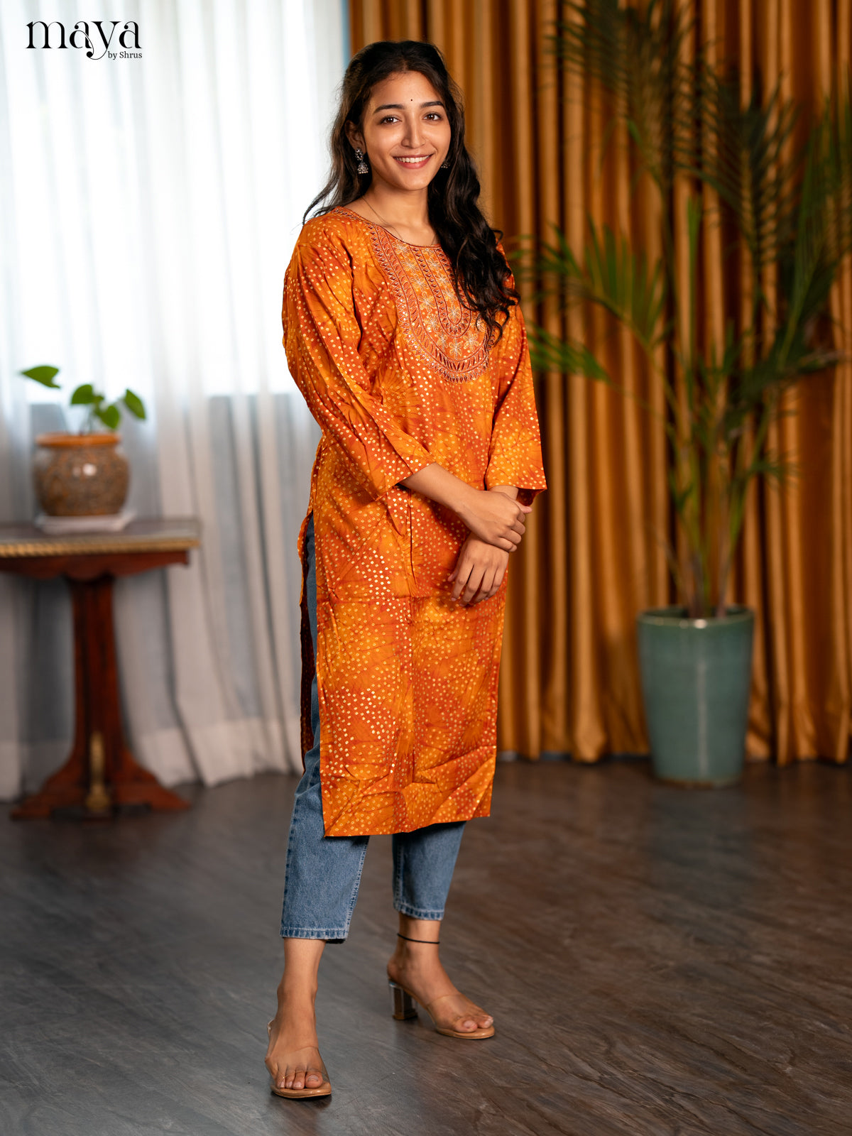 Mustrad with Orange Bandhani Printed Rayon Straight Kurti