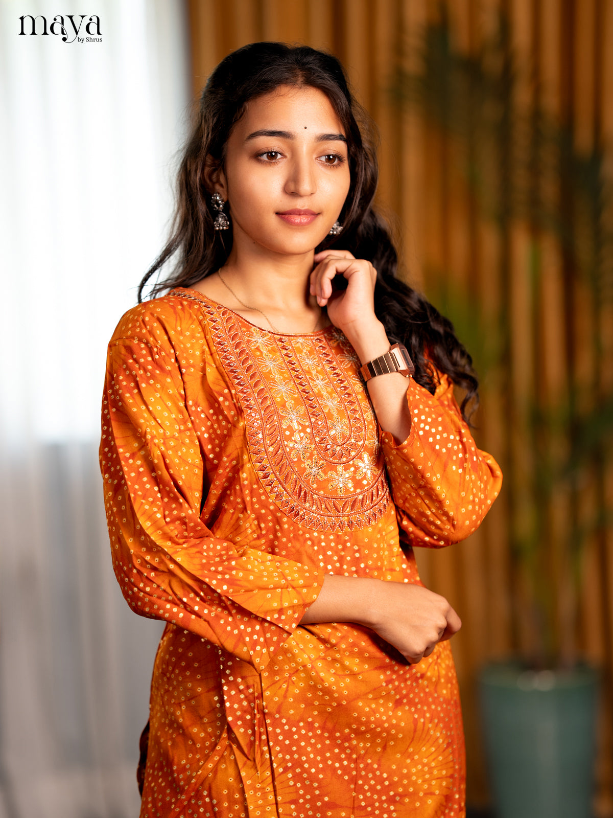 Mustrad with Orange Bandhani Printed Rayon Straight Kurti