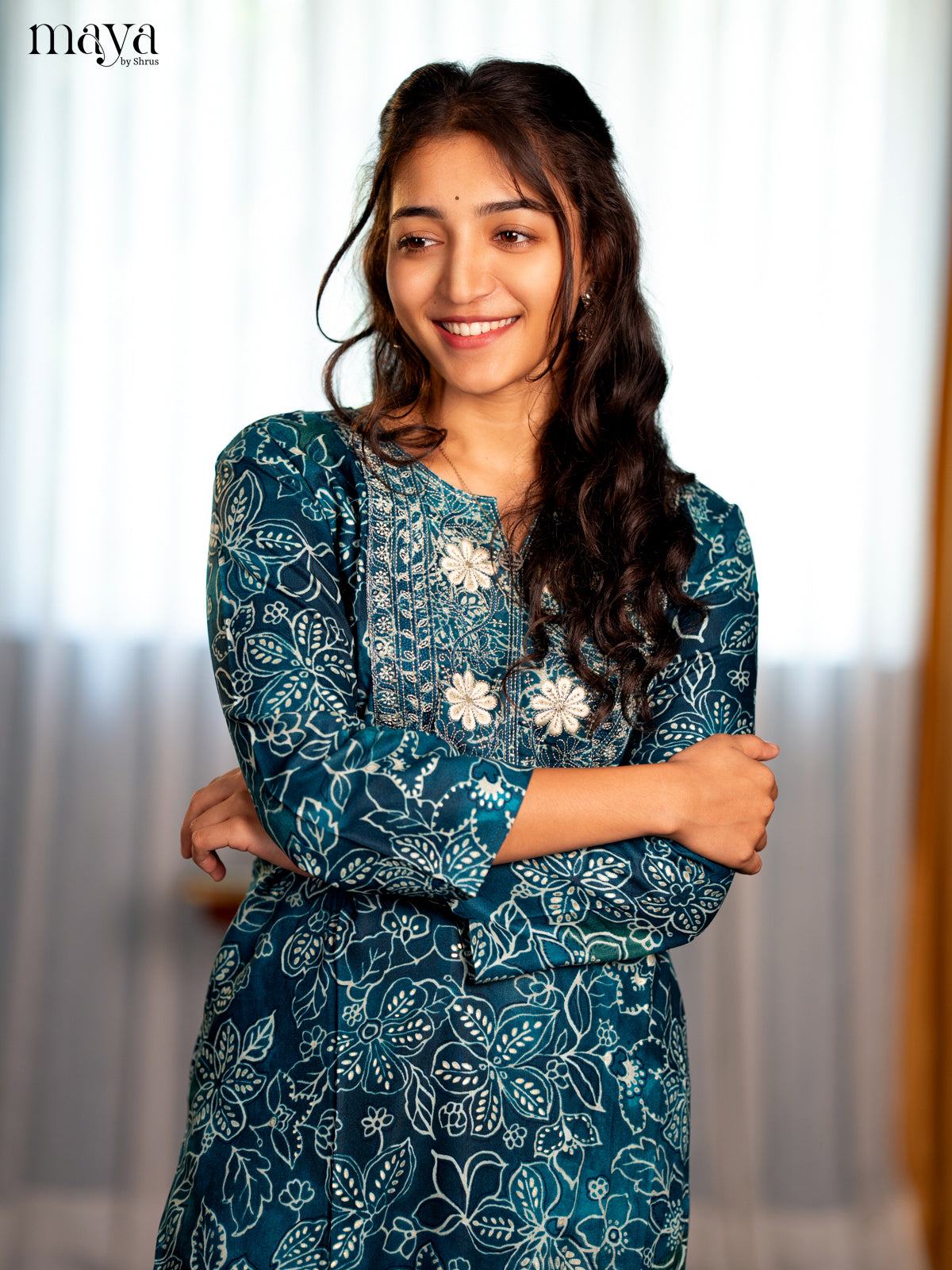Peacock Green Floral printed with Embroidered Rayon Straight Kurti