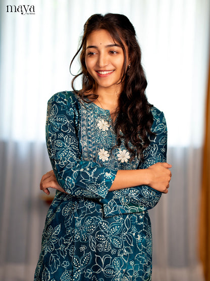 Peacock Green Floral printed with Embroidered Rayon Straight Kurti