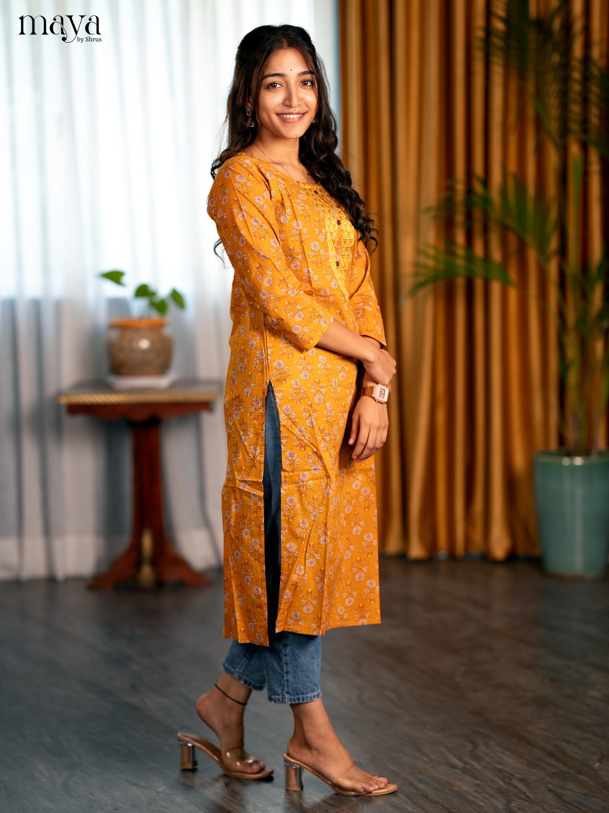 Mustard Yellow Floral Printed Cotton Straight Kurti