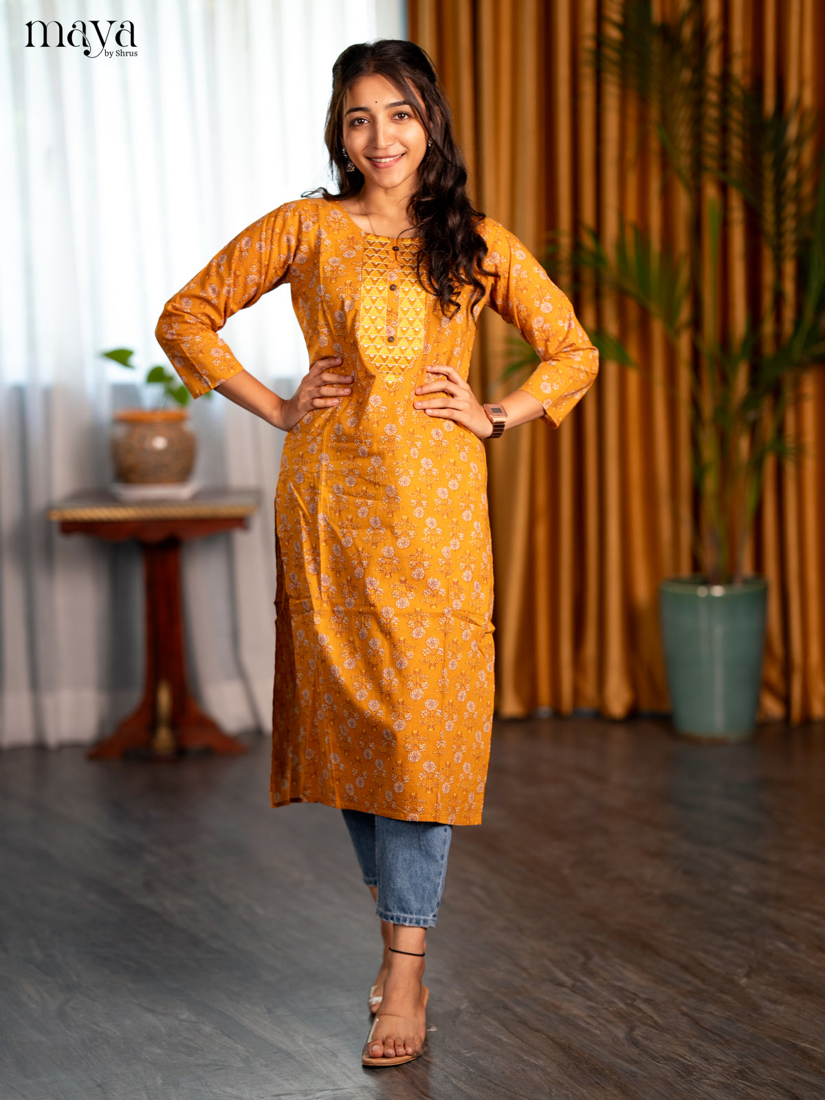 Mustard Yellow Floral Printed Cotton Straight Kurti