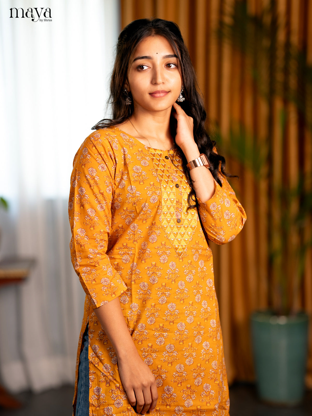 Mustard Yellow Floral Printed Cotton Straight Kurti