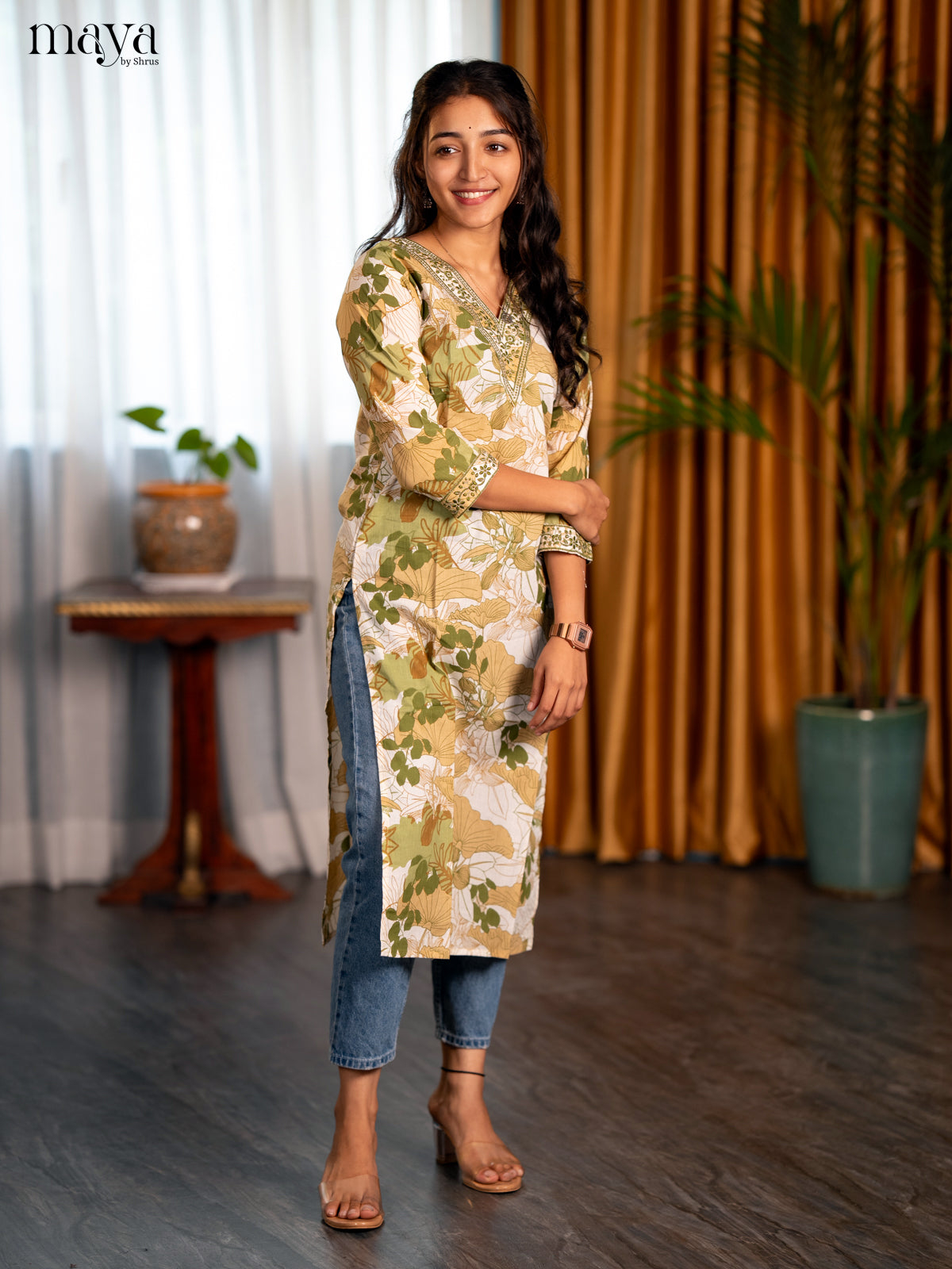 White with Green Embroidered Cotton Straight Kurti