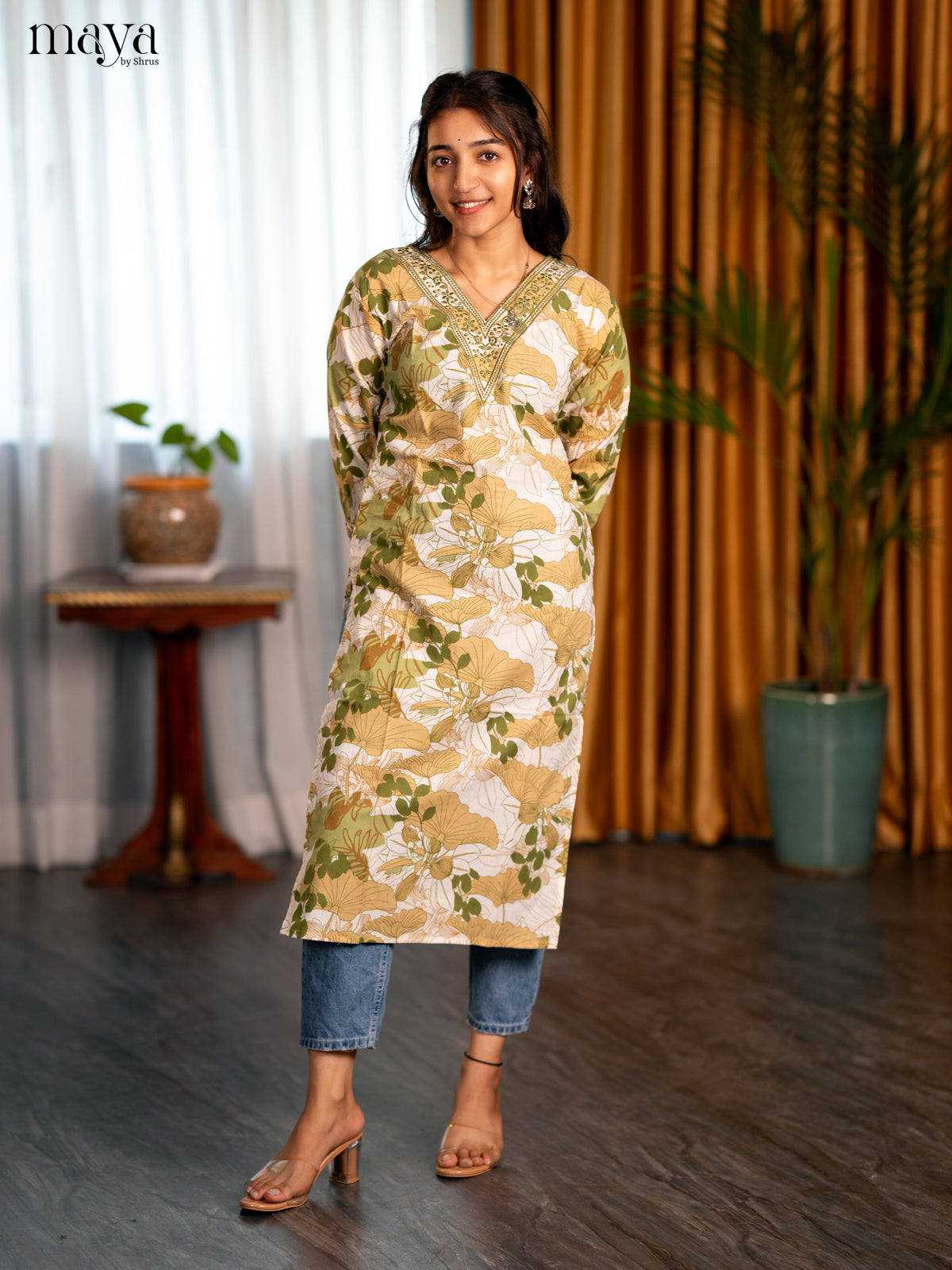 White with Green Embroidered Cotton Straight Kurti