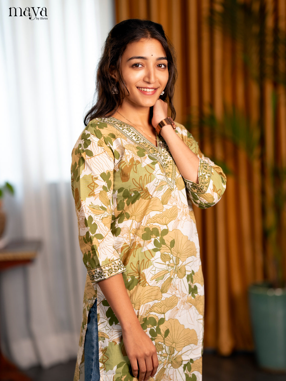White with Green Embroidered Cotton Straight Kurti