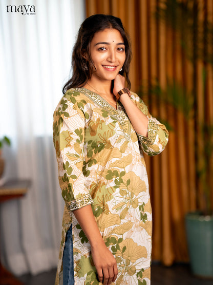 White with Green Embroidered Cotton Straight Kurti