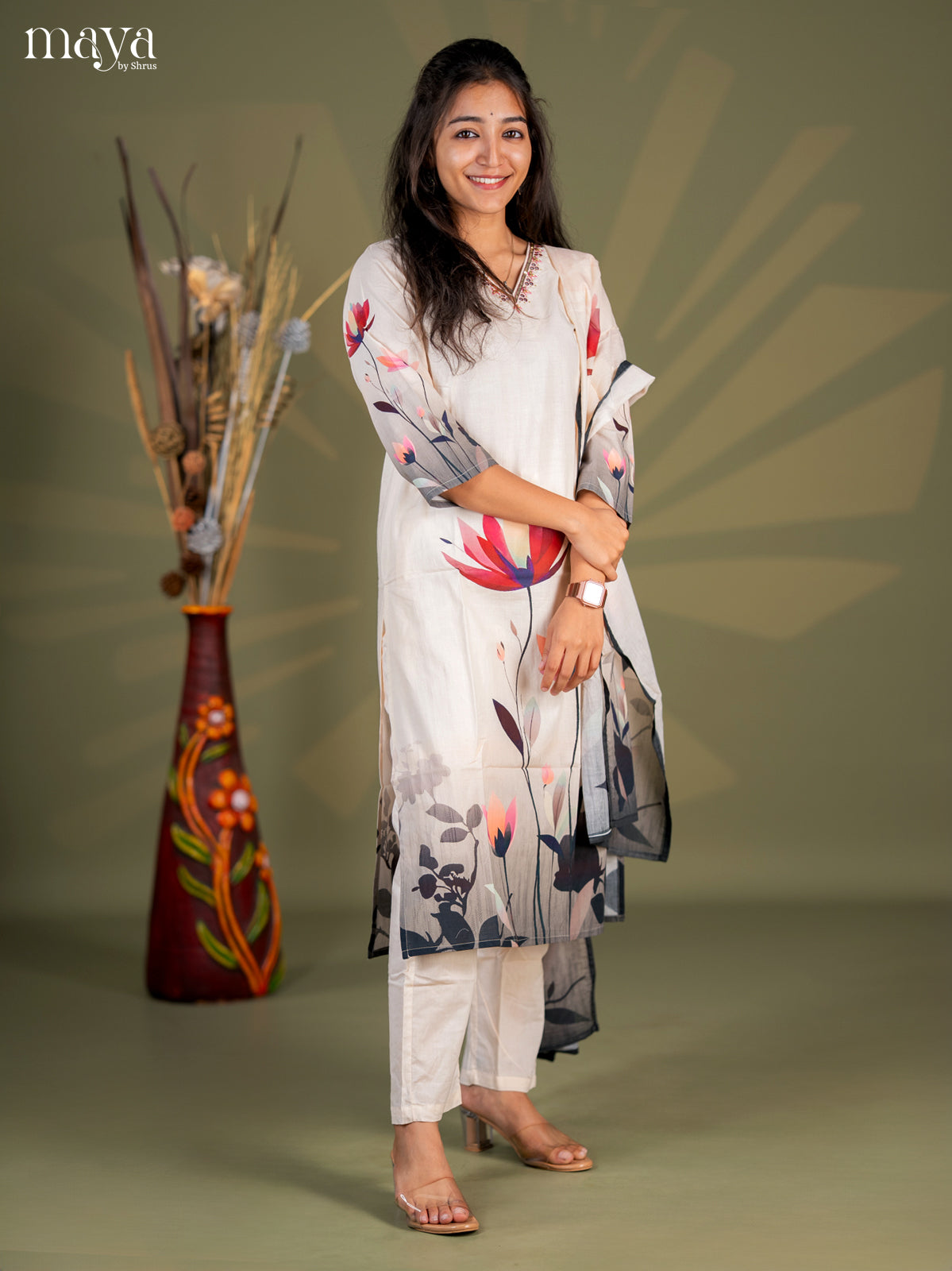 Pastel Green Cotton 3pc Salwar Suit with Floral Print - Top, Bottom & Dupatta