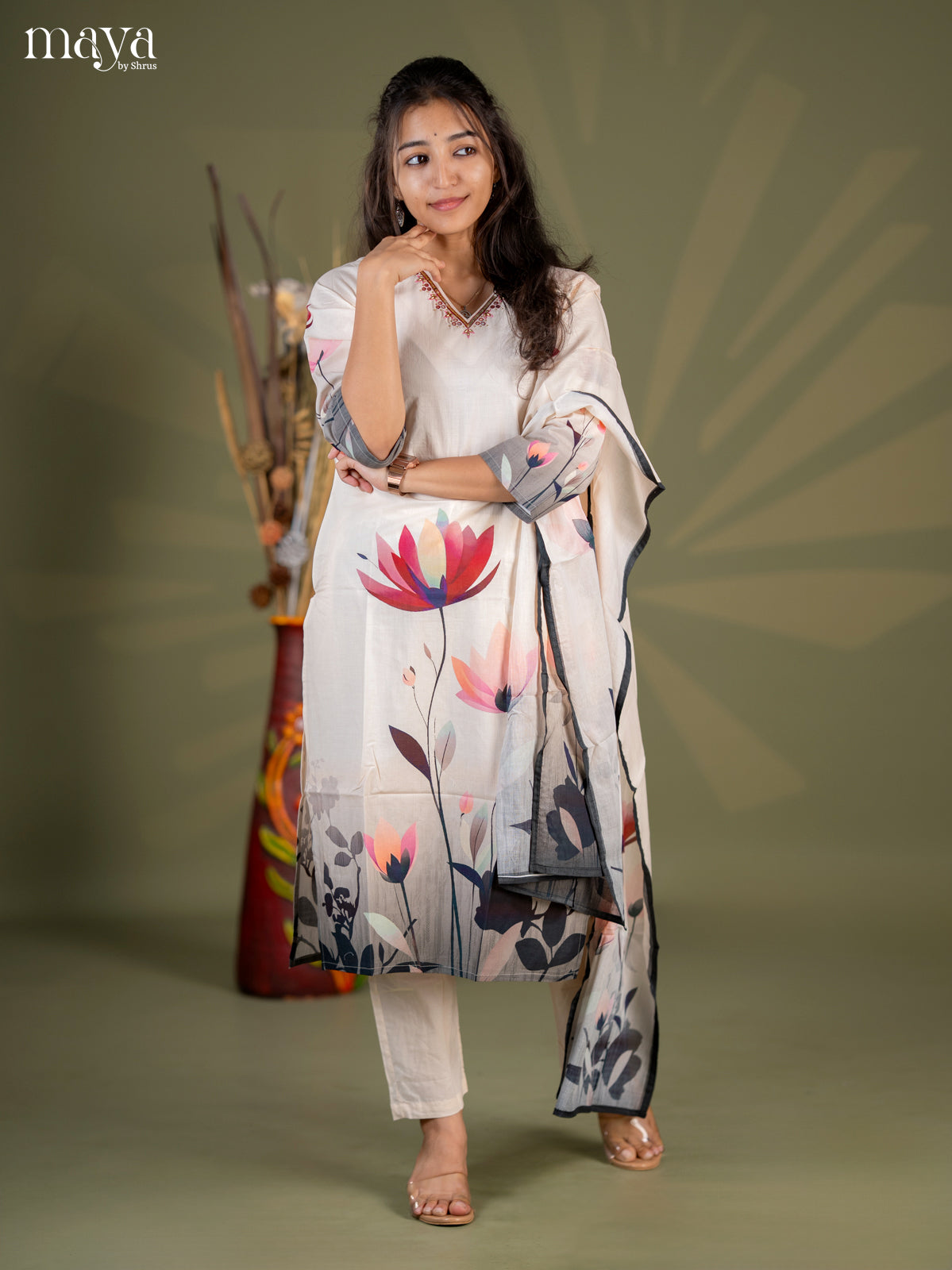 Pastel Green Cotton 3pc Salwar Suit with Floral Print - Top, Bottom & Dupatta