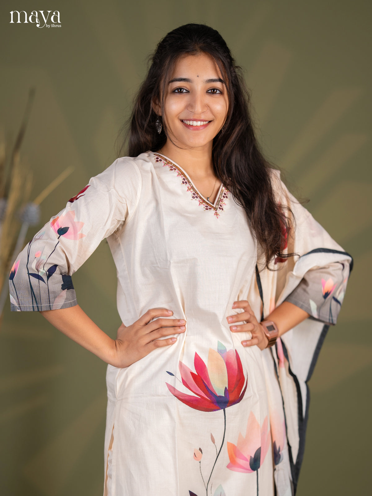 Pastel Green Cotton 3pc Salwar Suit with Floral Print - Top, Bottom & Dupatta
