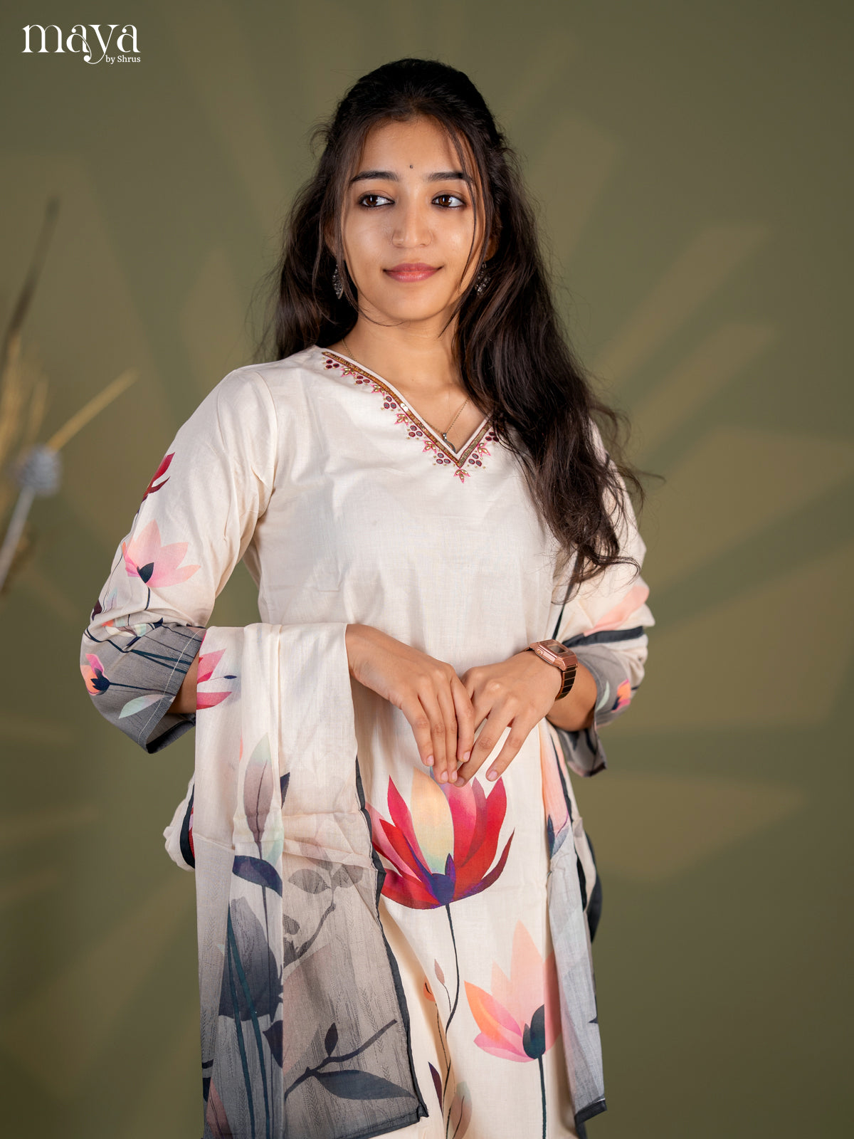 Pastel Green Cotton 3pc Salwar Suit with Floral Print - Top, Bottom & Dupatta