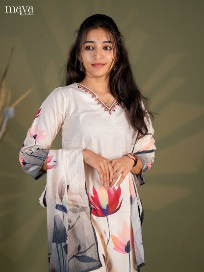 Pastel Green Cotton 3pc Salwar Suit with Floral Print - Top, Bottom & Dupatta