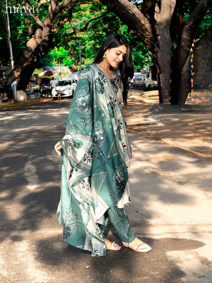 Pastel Green with Bottle Green Rayon 3pc Salwar Suit with Floral Print - Top,Bottom & Dupatta