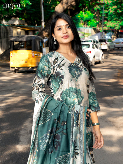 Pastel Green with Bottle Green Rayon 3pc Salwar Suit with Floral Print - Top,Bottom & Dupatta