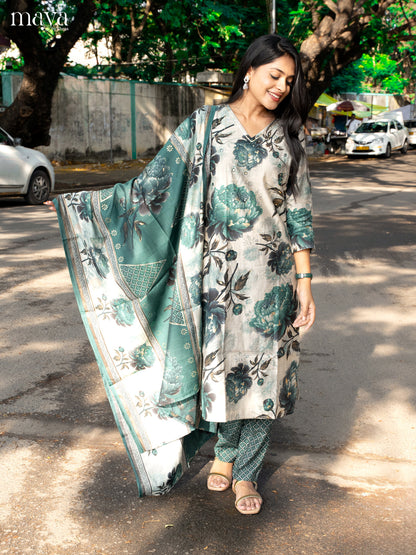 Pastel Green with Bottle Green Rayon 3pc Salwar Suit with Floral Print - Top,Bottom & Dupatta