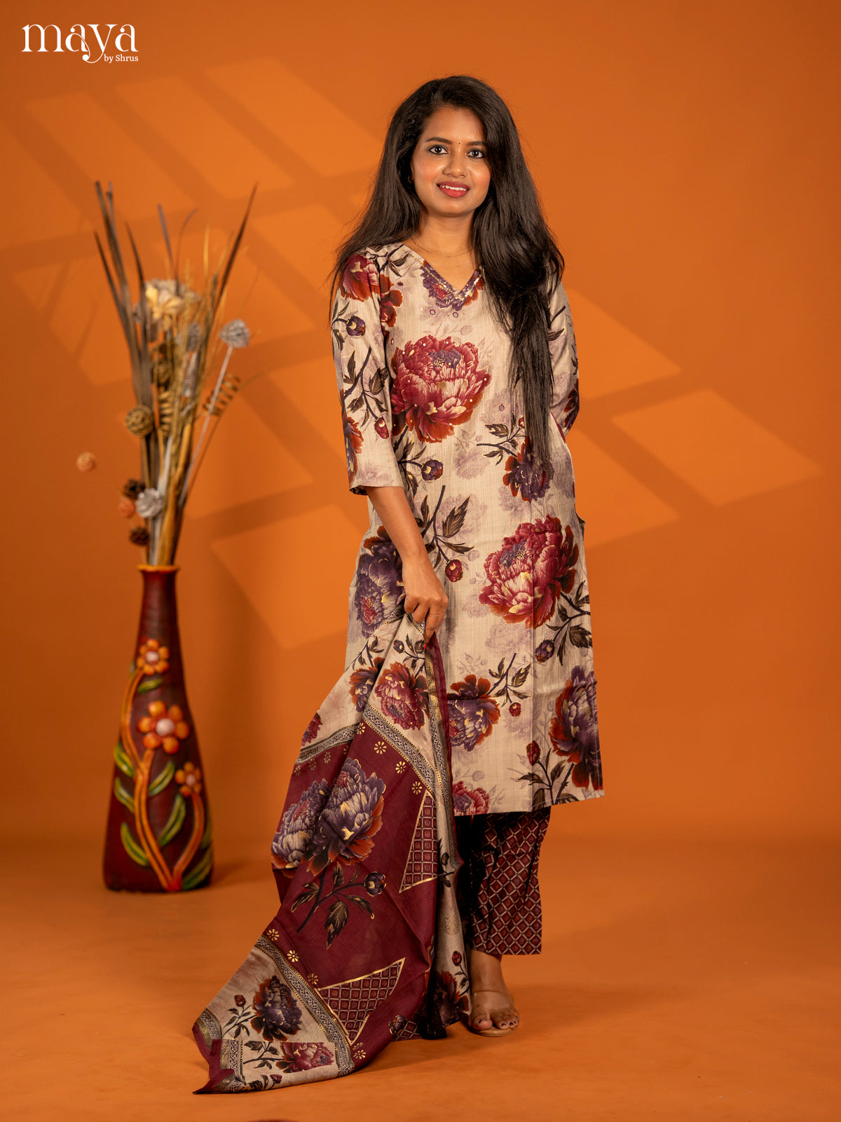 Beige with Maroon Rayon 3pc Salwar Suit with Floral Print - Top, Bottom & Dupatta
