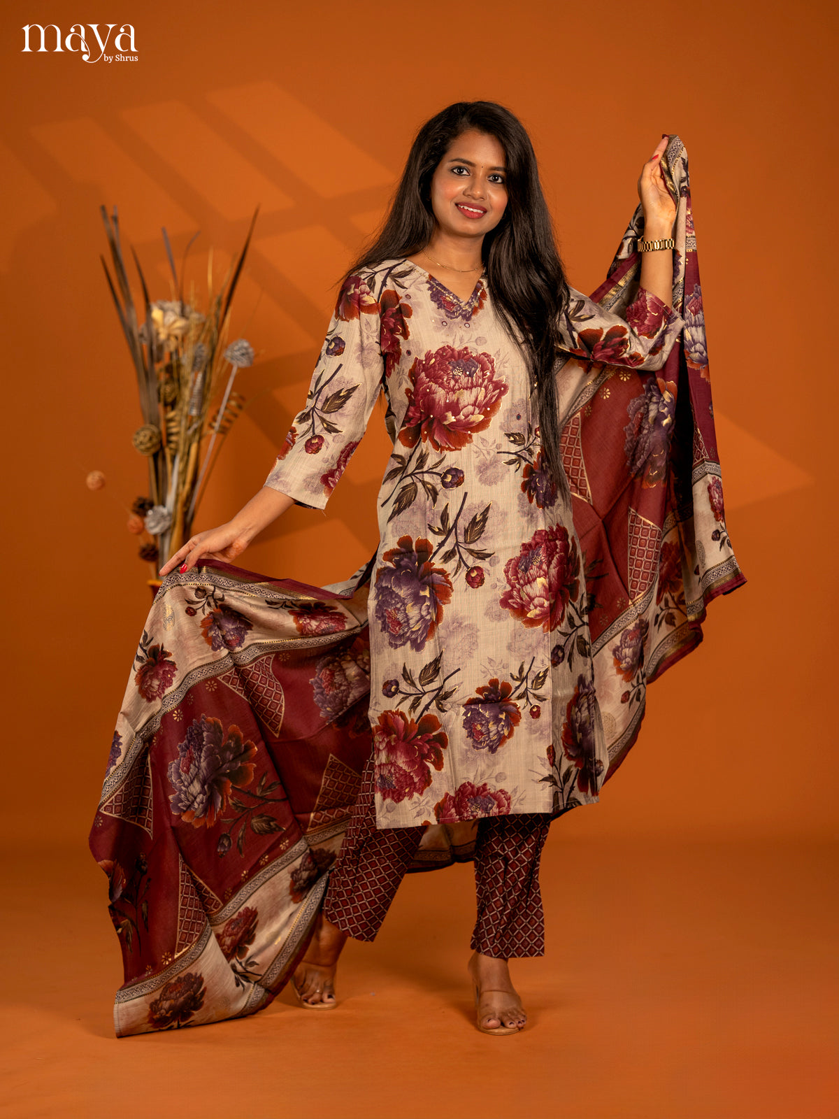 Beige with Maroon Rayon 3pc Salwar Suit with Floral Print - Top, Bottom & Dupatta