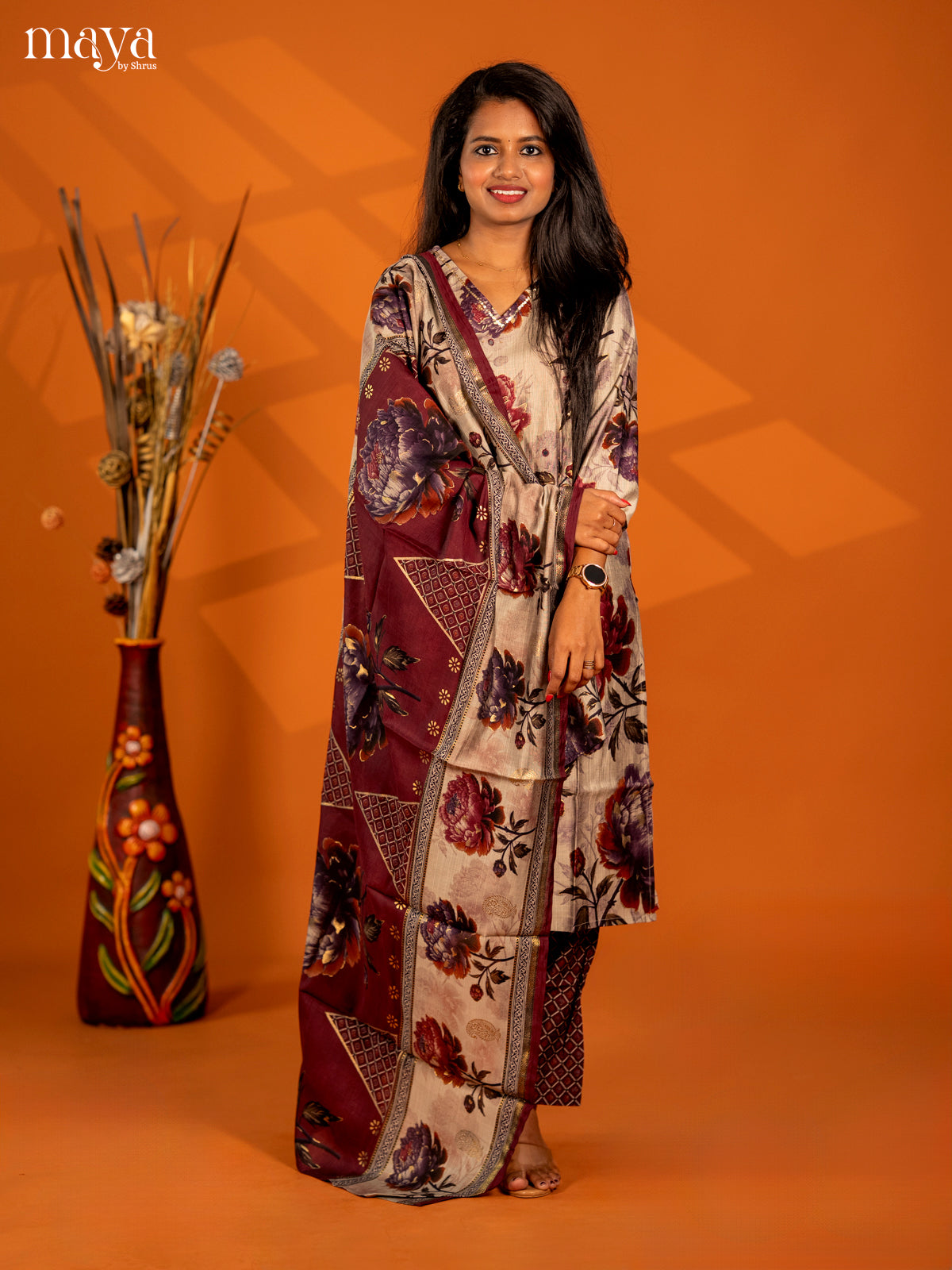 Beige with Maroon Rayon 3pc Salwar Suit with Floral Print - Top, Bottom & Dupatta