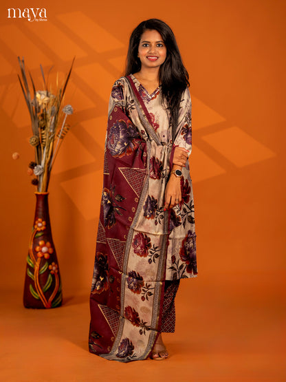 Beige with Maroon Rayon 3pc Salwar Suit with Floral Print - Top, Bottom & Dupatta