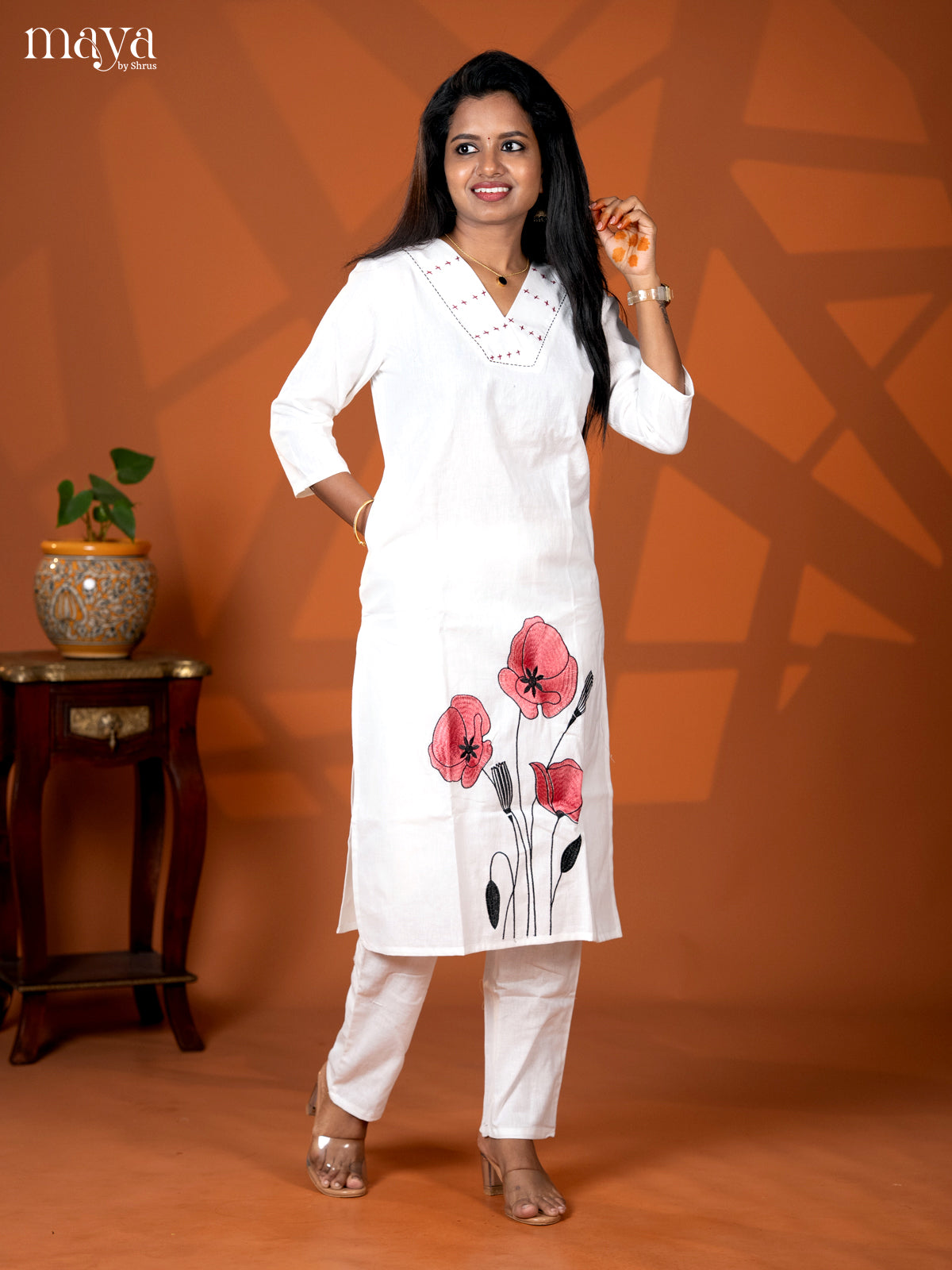 White Cotton 2pc Floral print Salwar Suit - Top & Bottom
