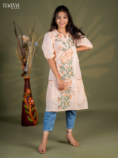 Peach Floral Printed Cotton Frock