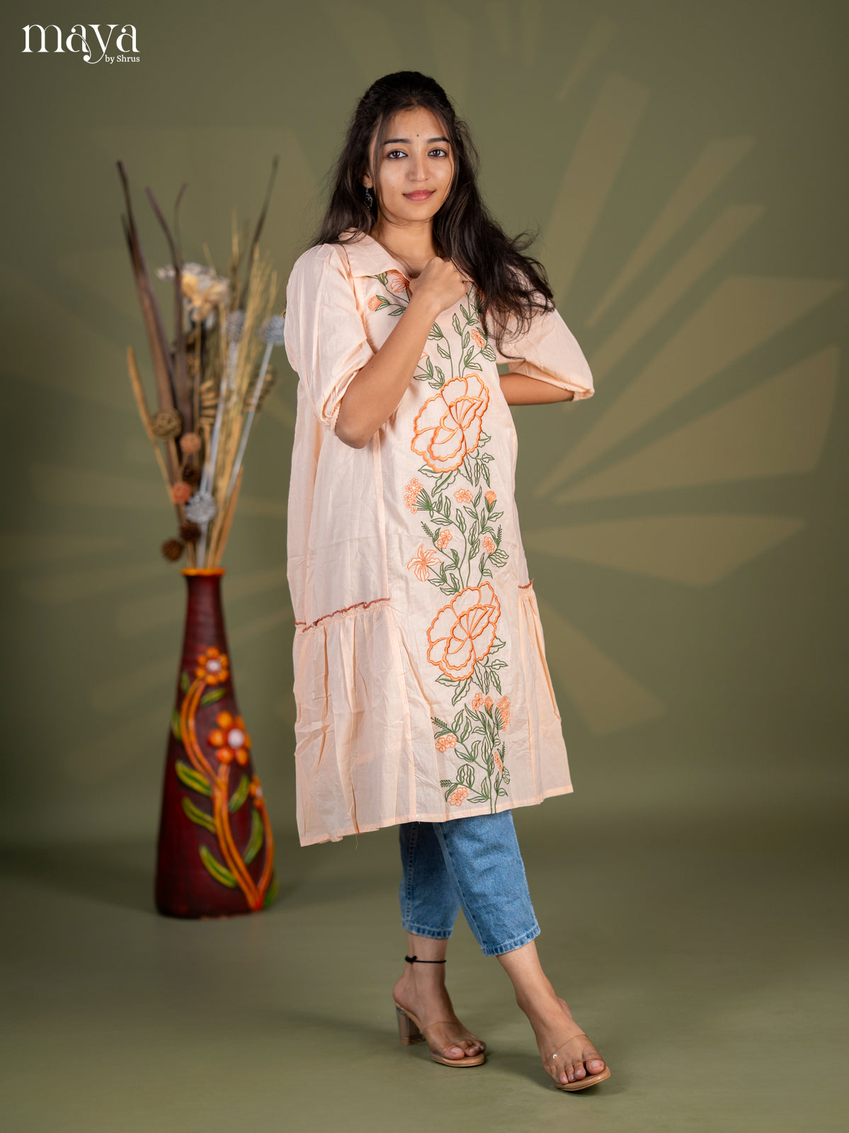 Peach Floral Printed Cotton Frock