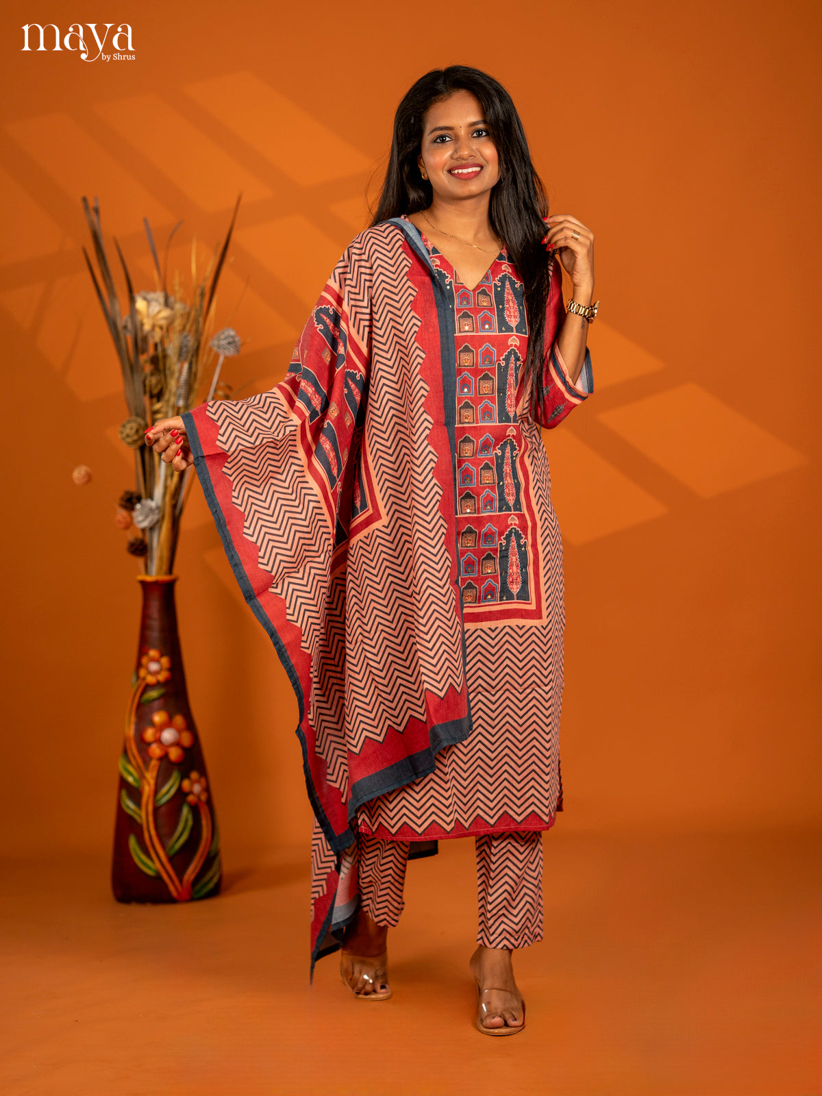 Peach with Maroon Mul Cotton 3pc Salwar Suit with Printed - Top, Bottom & Dupatta