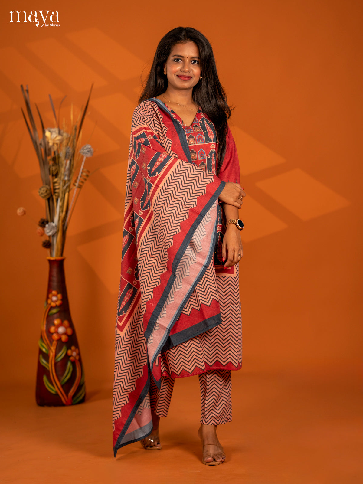 Peach with Maroon Mul Cotton 3pc Salwar Suit with Printed - Top, Bottom & Dupatta