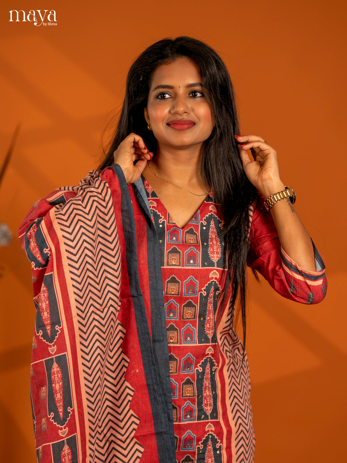 Peach with Maroon Mul Cotton 3pc Salwar Suit with Printed - Top, Bottom & Dupatta