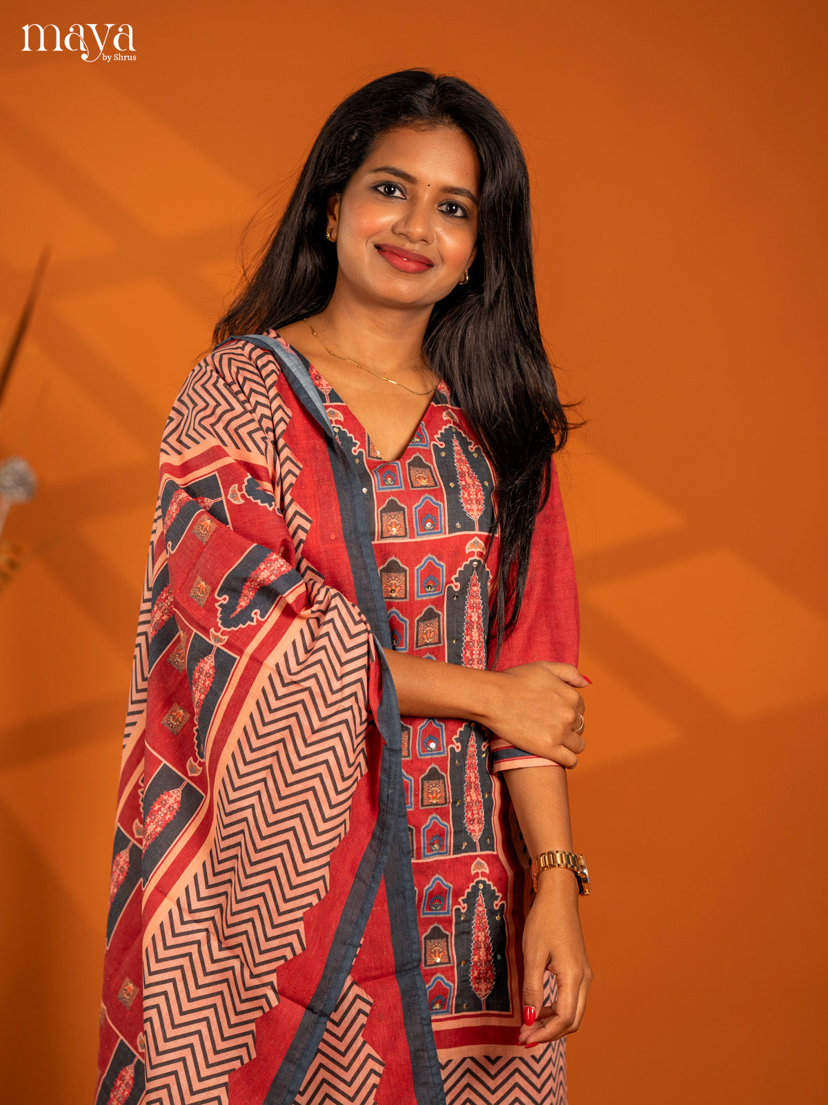 Peach with Maroon Mul Cotton 3pc Salwar Suit with Printed - Top, Bottom & Dupatta
