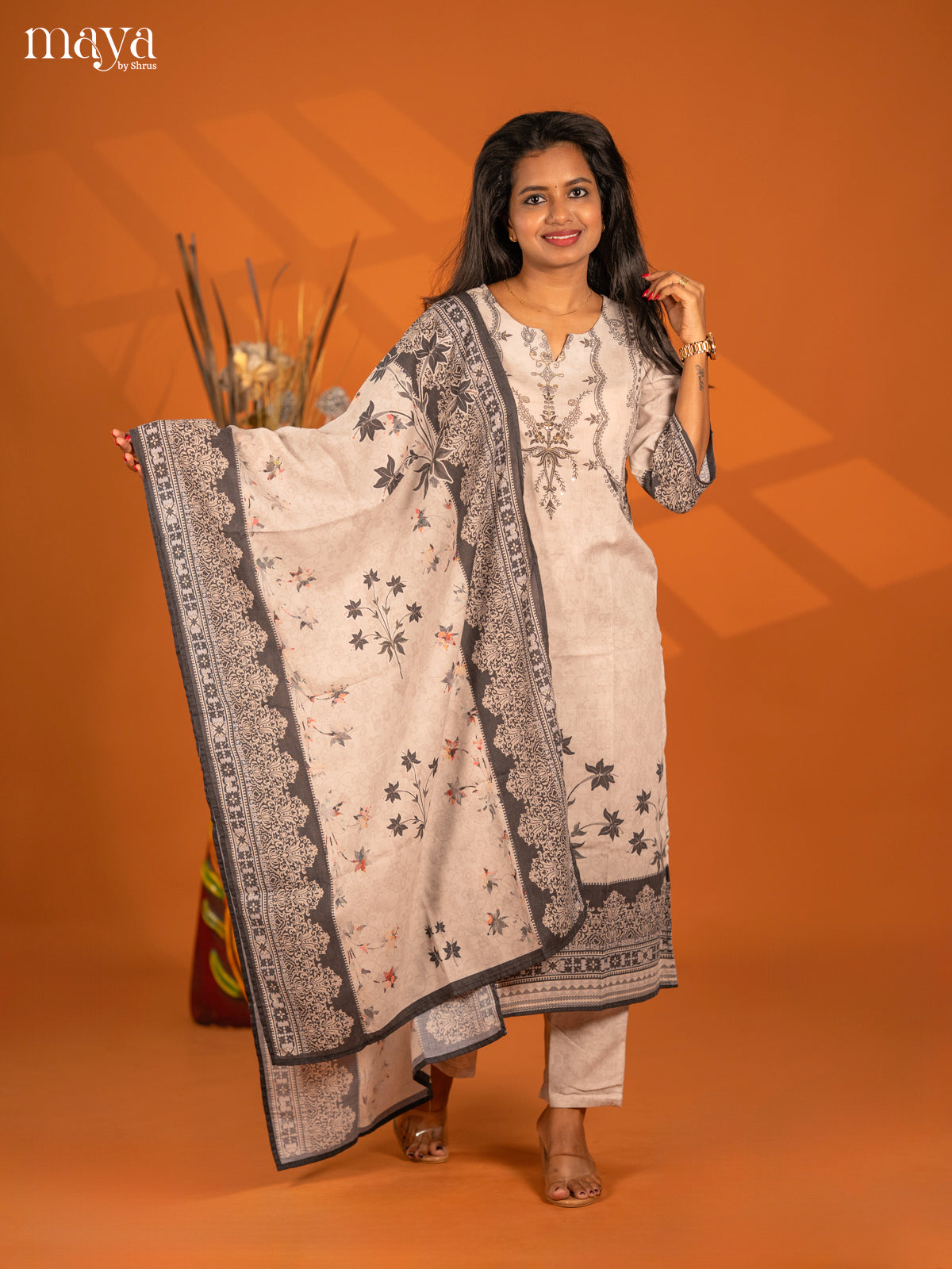 Grey Mul Cotton 3pc Salwar Suit with Floral Print - Top, Bottom & Dupatta