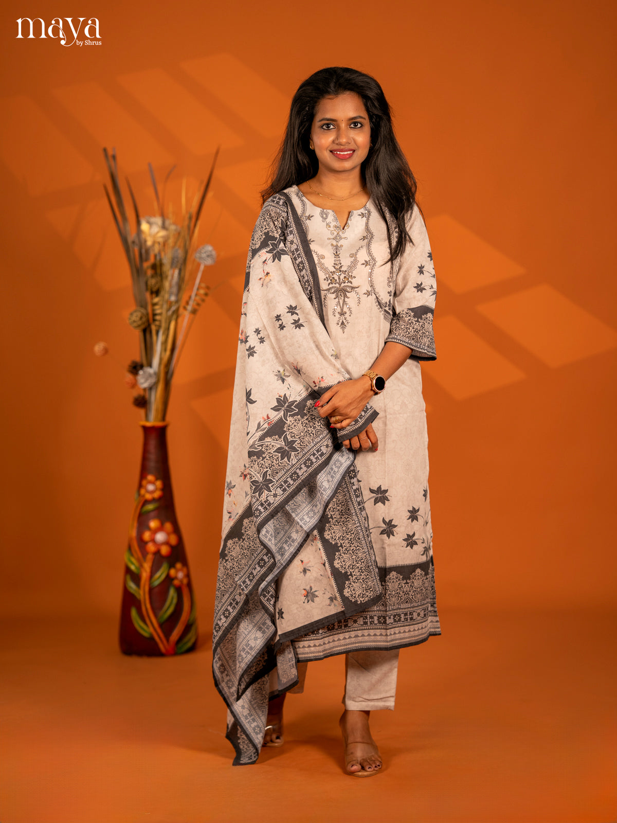 Grey Mul Cotton 3pc Salwar Suit with Floral Print - Top, Bottom & Dupatta