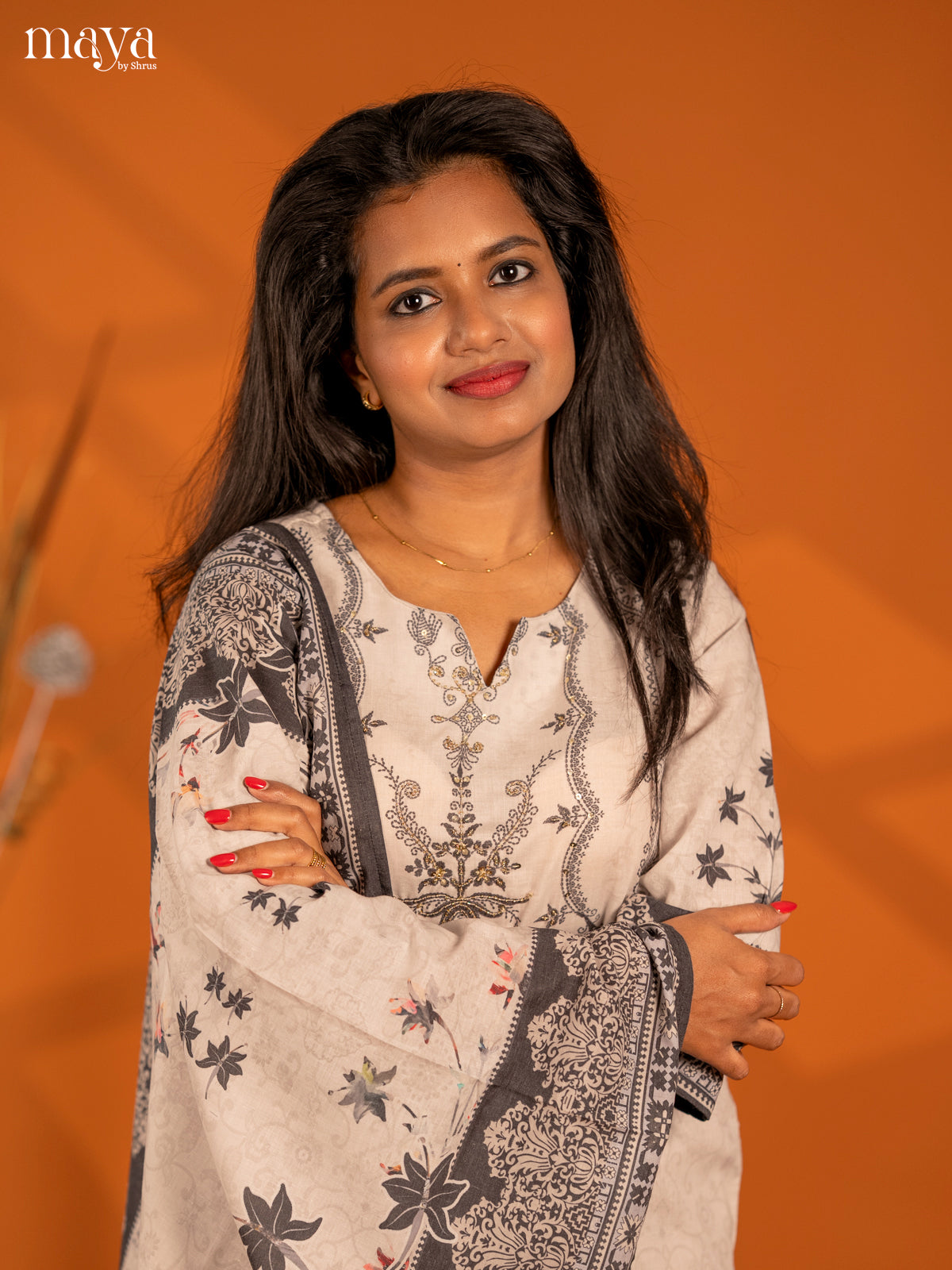 Grey Mul Cotton 3pc Salwar Suit with Floral Print - Top, Bottom & Dupatta