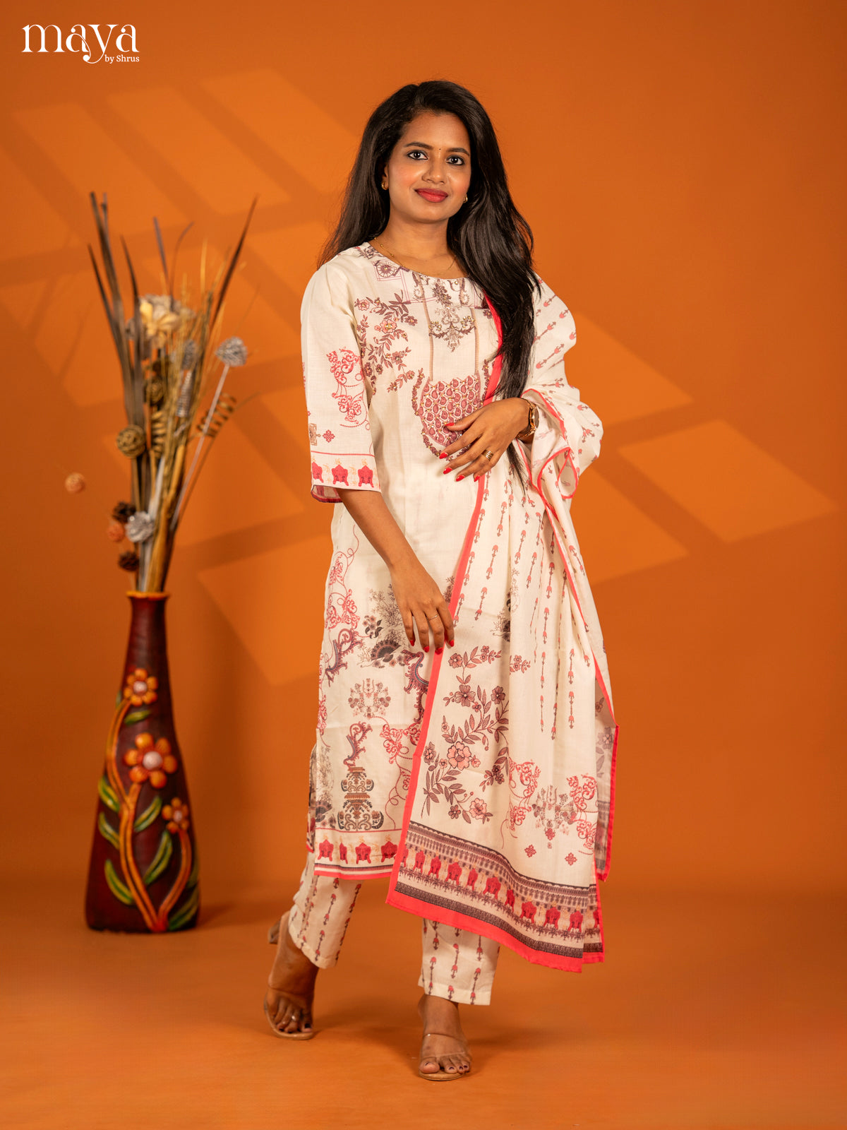 Off - white Mul Cotton 3pc Salwar Suit with Floral Print - Top, Bottom & Dupatta
