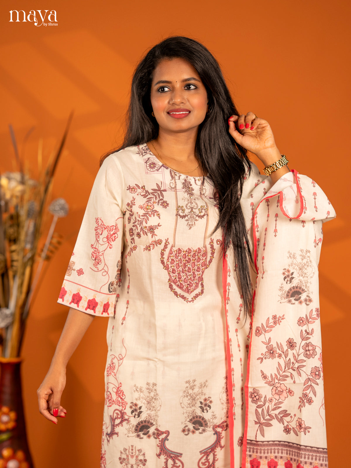 Off - white Mul Cotton 3pc Salwar Suit with Floral Print - Top, Bottom & Dupatta