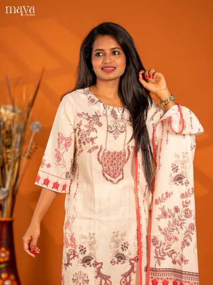 Off - white Mul Cotton 3pc Salwar Suit with Floral Print - Top, Bottom & Dupatta