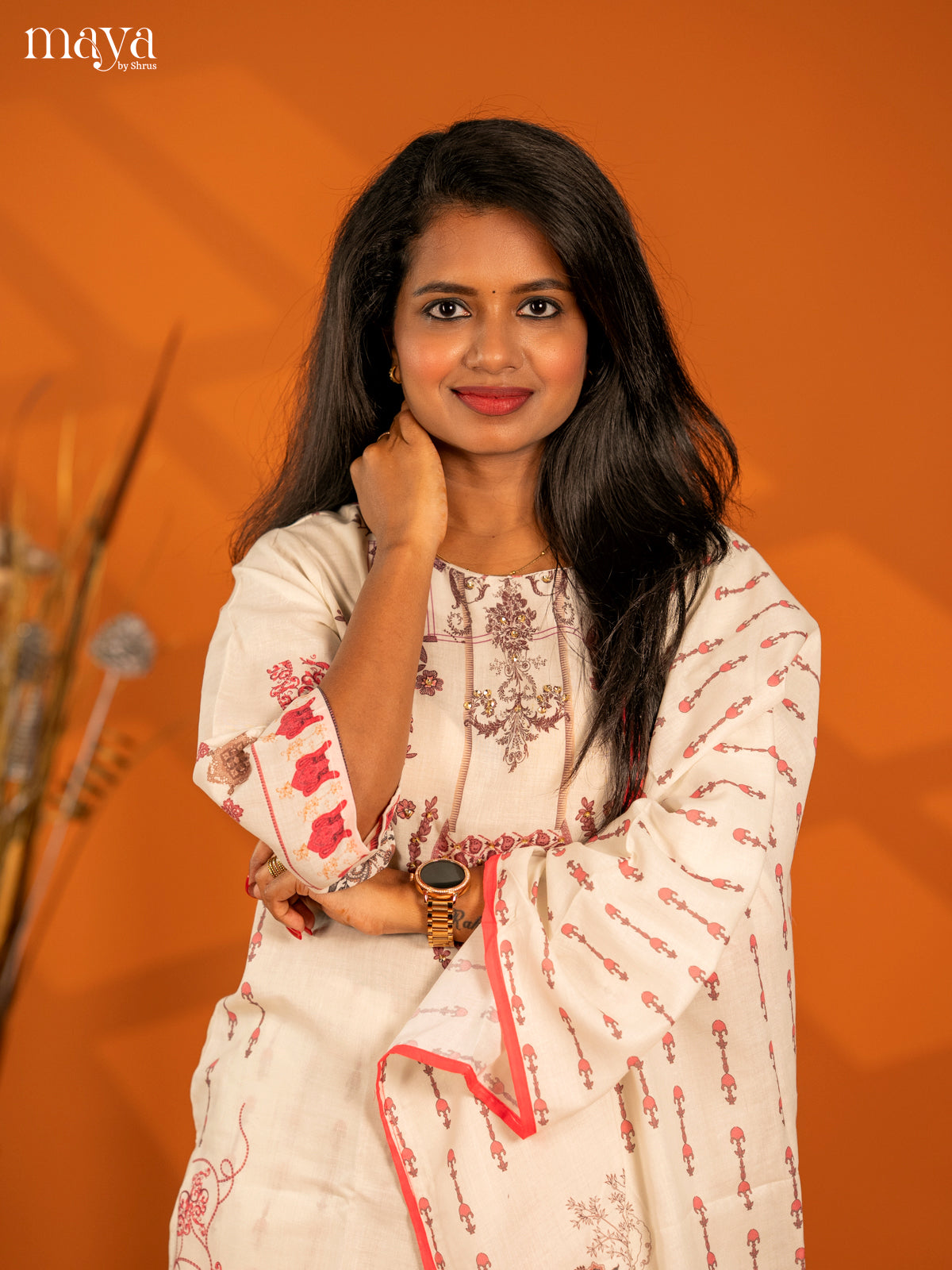 Off - white Mul Cotton 3pc Salwar Suit with Floral Print - Top, Bottom & Dupatta