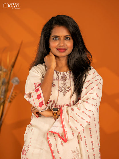 Off - white Mul Cotton 3pc Salwar Suit with Floral Print - Top, Bottom & Dupatta
