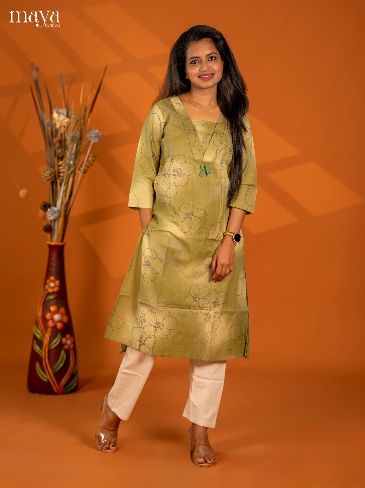 Pastel Green Cotton 2Pc Floral Print Salwar Suit - Top & Bottom