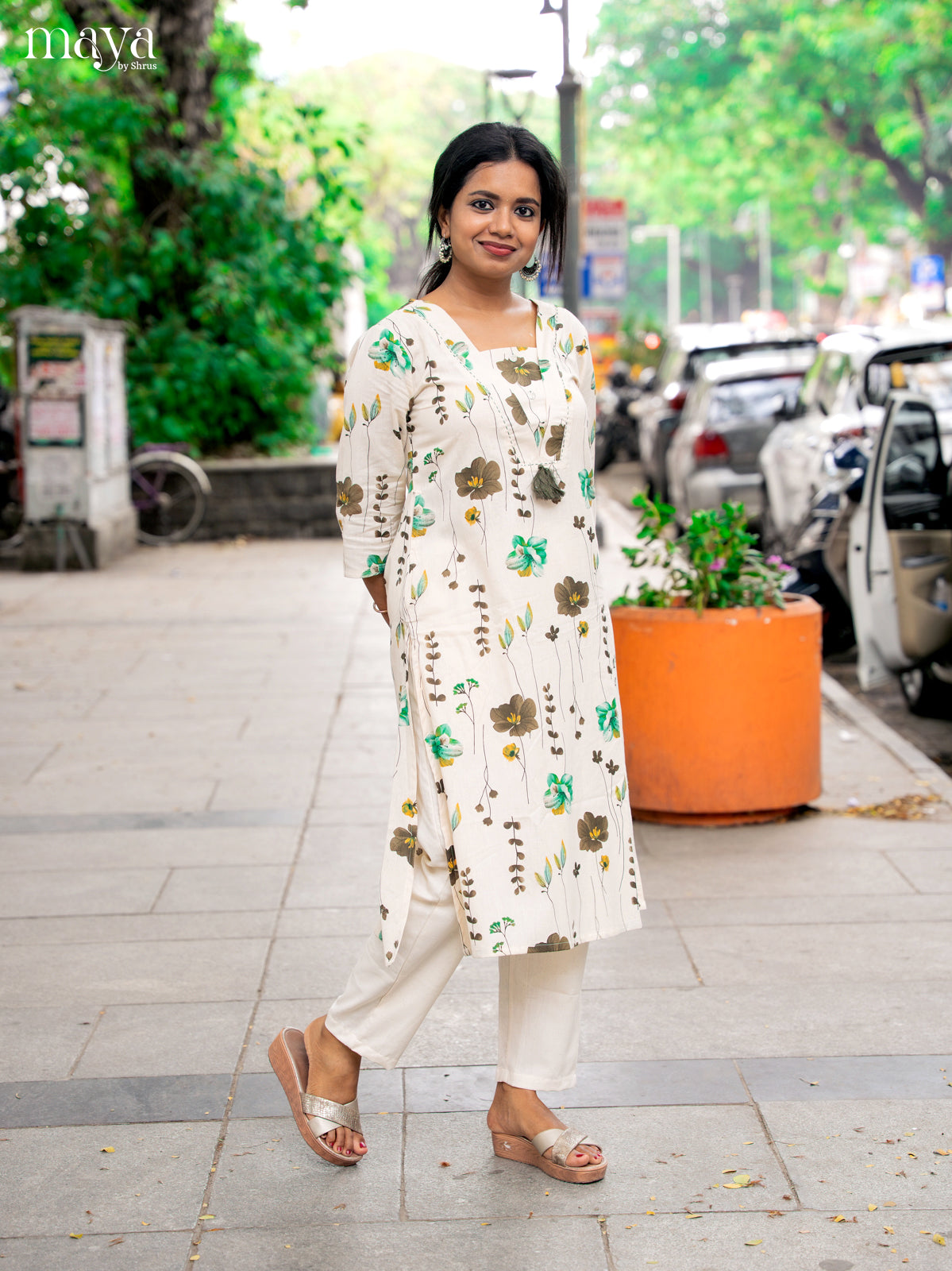 Cream Cotton 2Pc Floral Print Salwar Suit - Top & Bottom