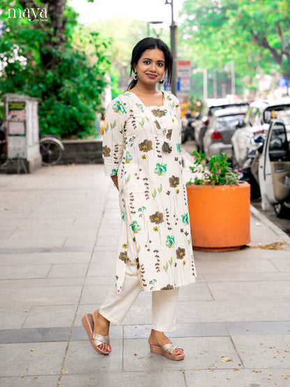 Cream Cotton 2Pc Floral Print Salwar Suit - Top & Bottom