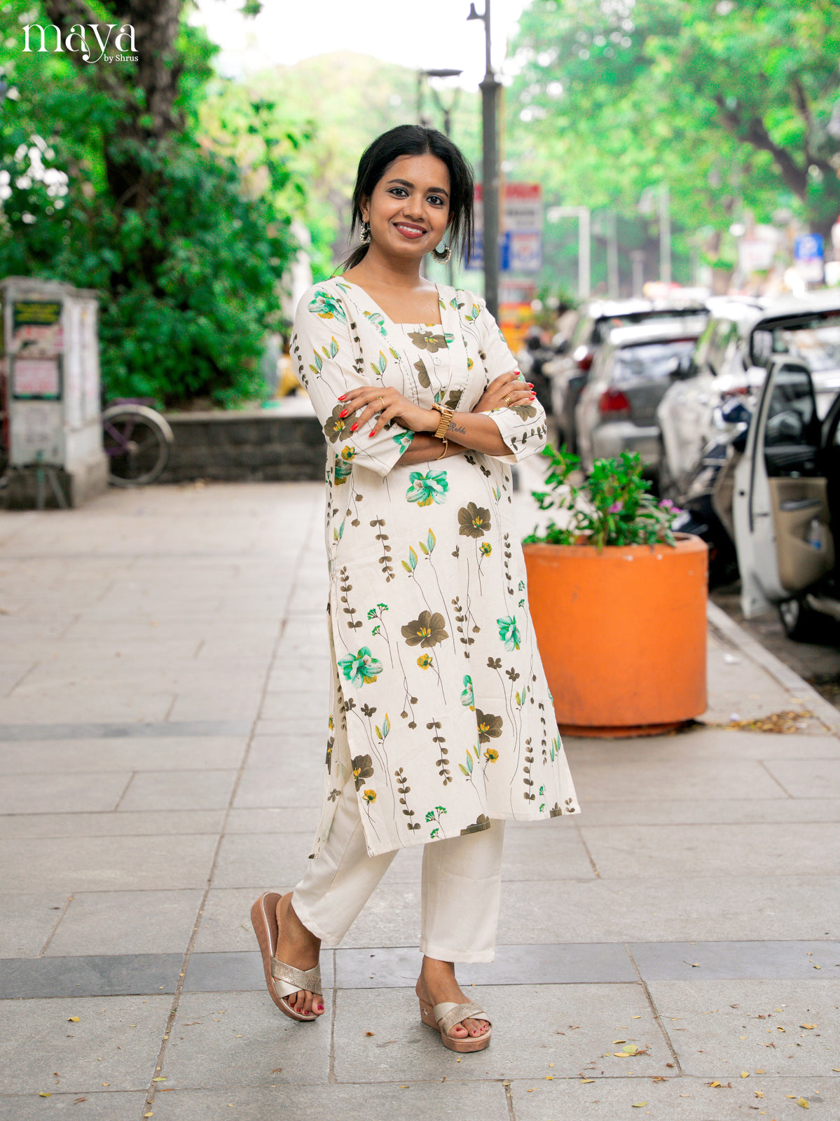 Cream Cotton 2Pc Floral Print Salwar Suit - Top & Bottom
