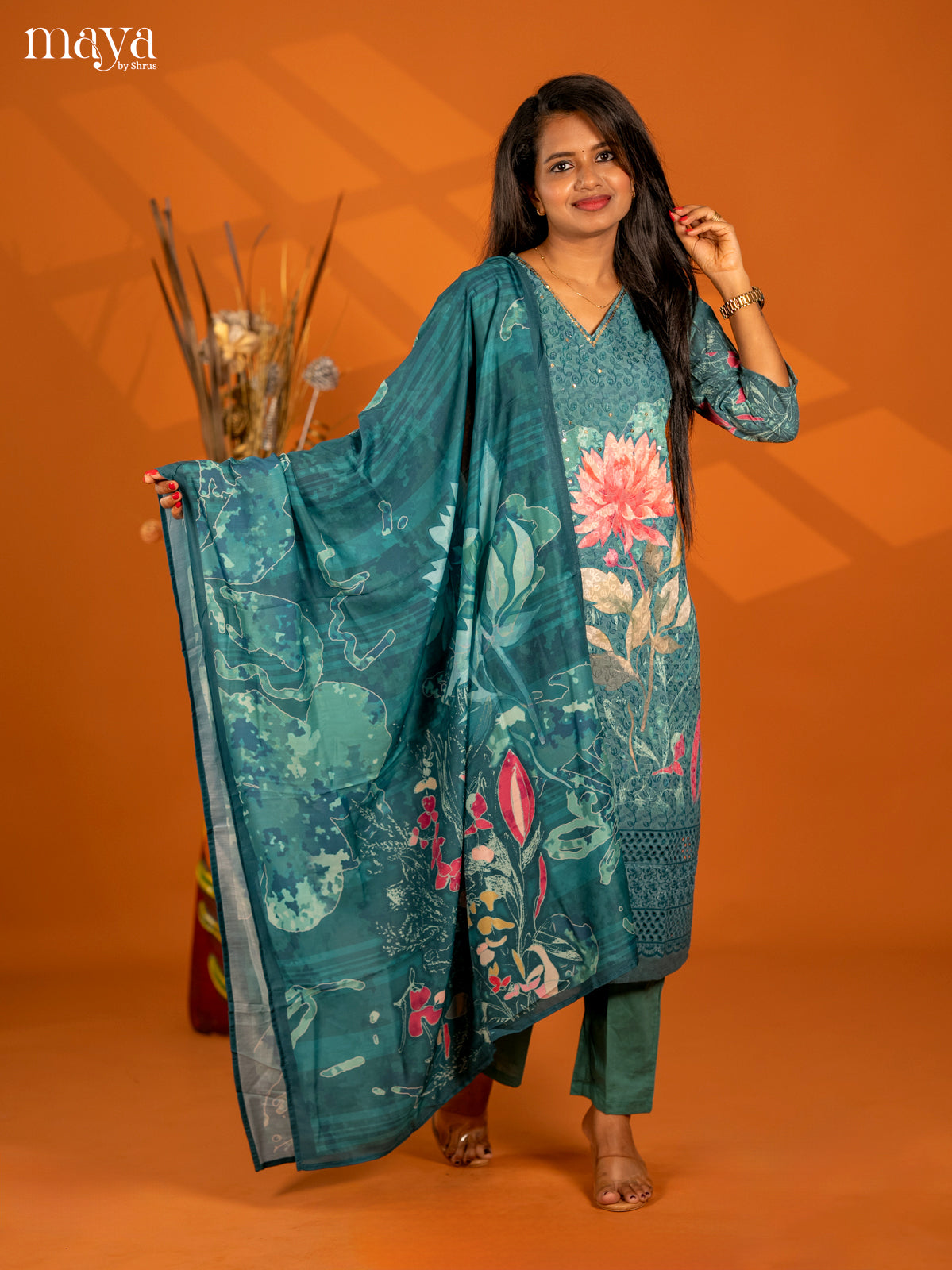 Rama Blue Cotton 3pc Salwar Suit with Chikankari Floral Print - Top, Bottom & Dupatta