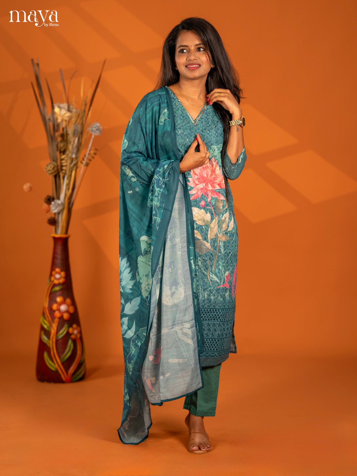 Rama Blue Cotton 3pc Salwar Suit with Chikankari Floral Print - Top, Bottom & Dupatta