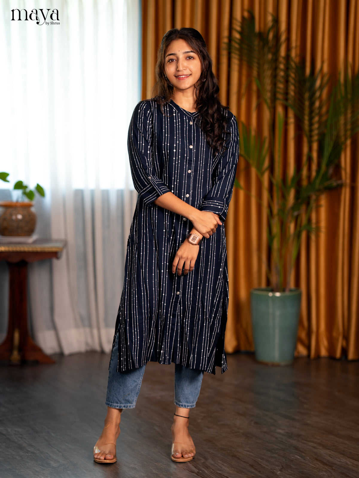 Navy Blue Stripe Printed Rayon A- Line Kurti