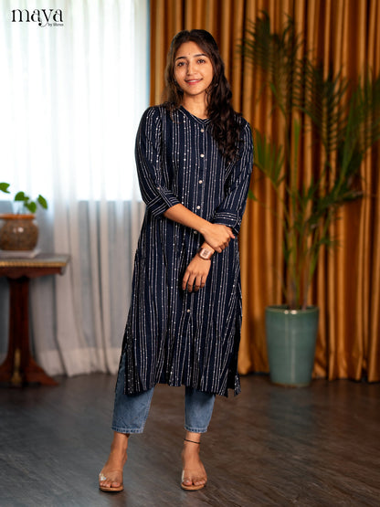 Navy Blue Stripe Printed Rayon A- Line Kurti