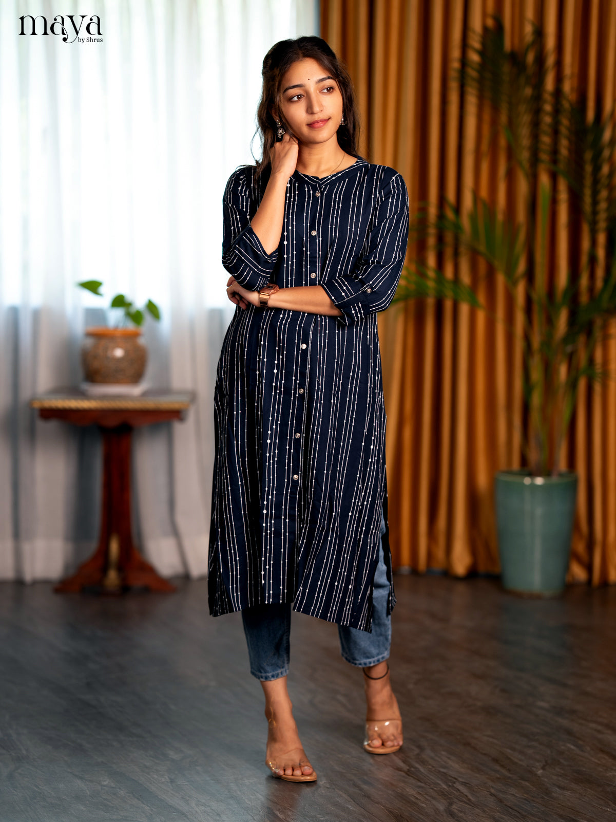 Navy Blue Stripe Printed Rayon A- Line Kurti