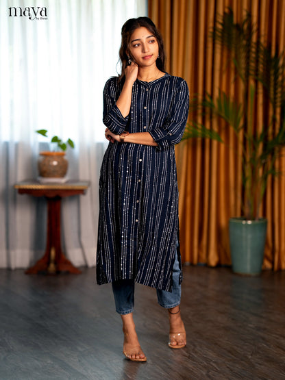 Navy Blue Stripe Printed Rayon A- Line Kurti