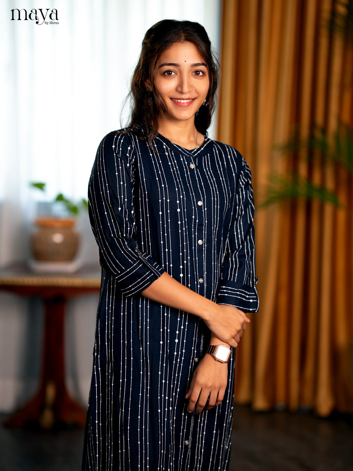 Navy Blue Stripe Printed Rayon A- Line Kurti