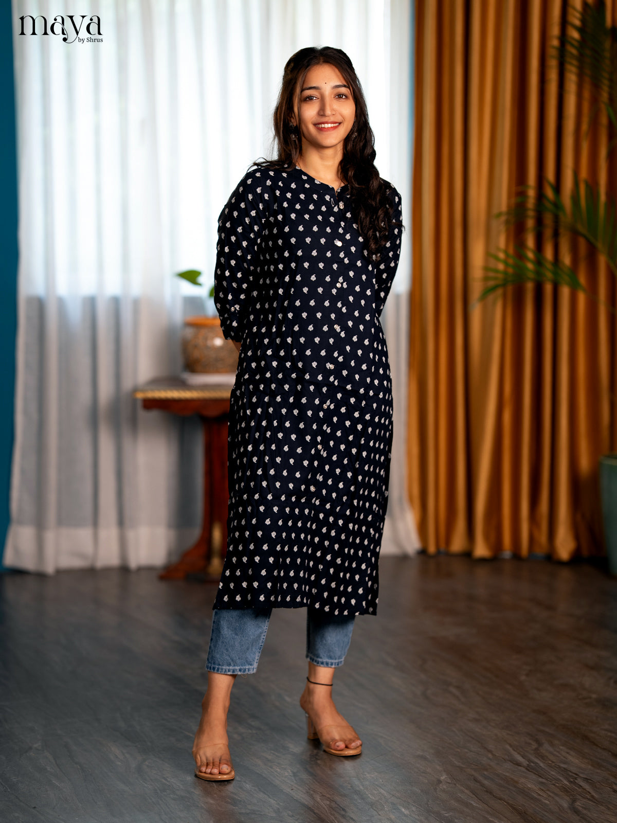 Navy Blue Floral Printed rayon Print Rayon A - Line Kurti
